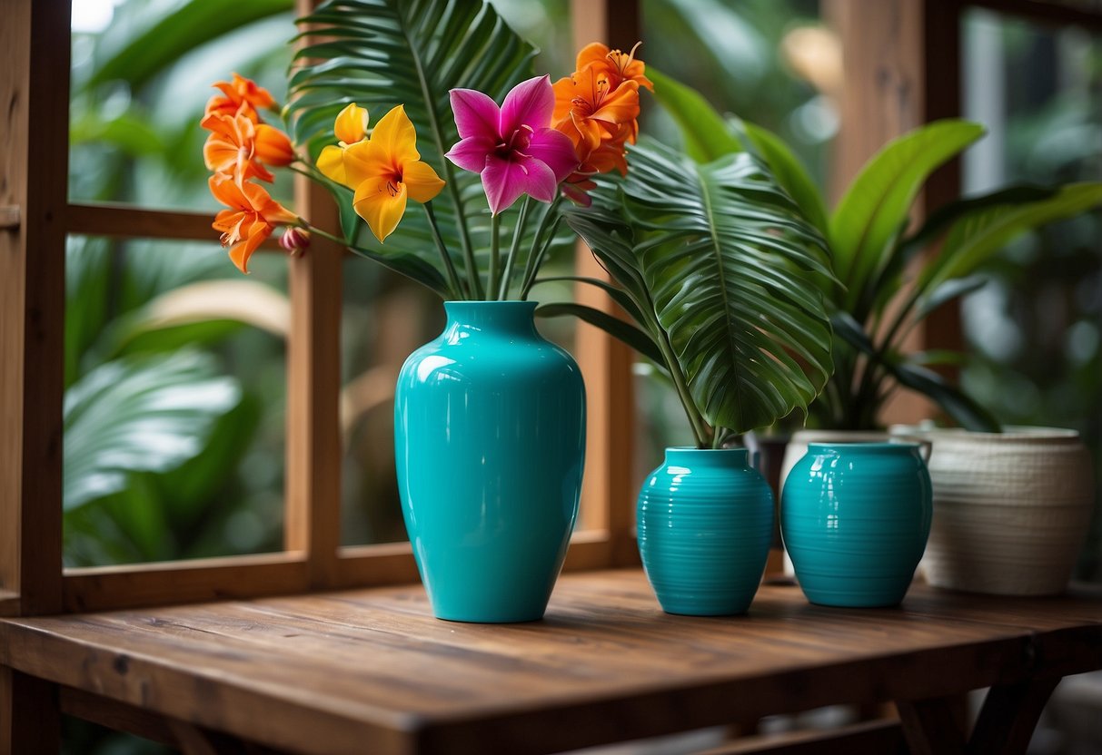 A bright turquoise vase sits on a wooden shelf, surrounded by vibrant tropical plants and colorful decor, adding a pop of color to a vacation home