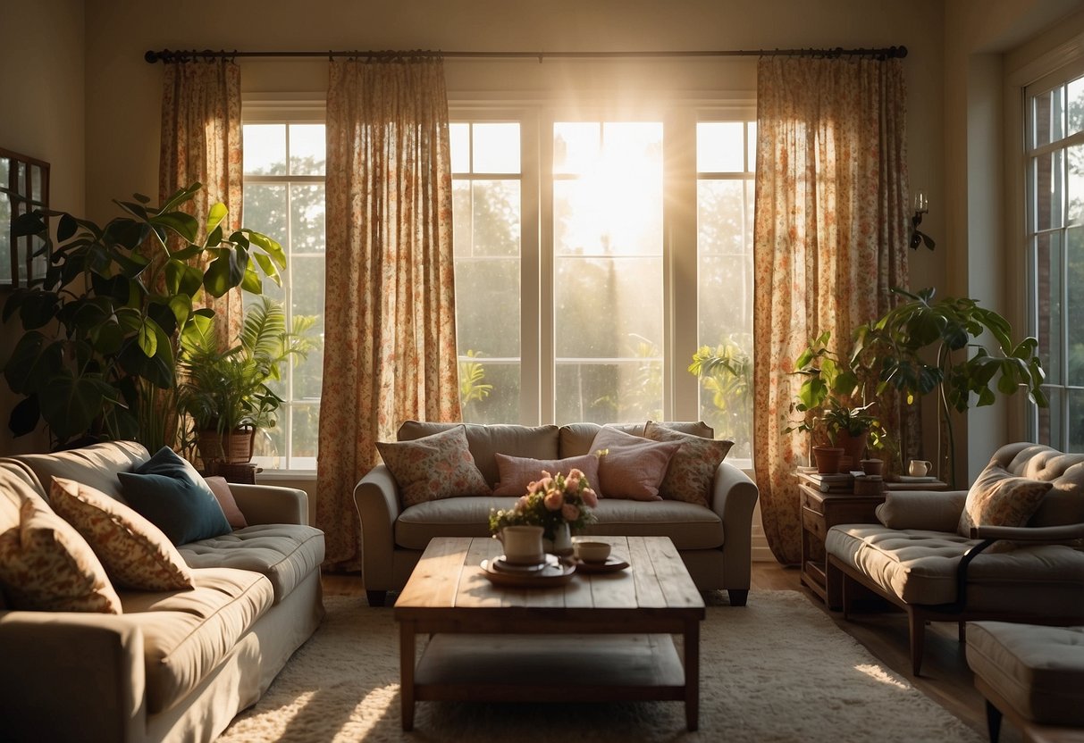 A cozy living room with sunlight streaming through floral patterned curtains, creating a warm and inviting atmosphere for a vacation home