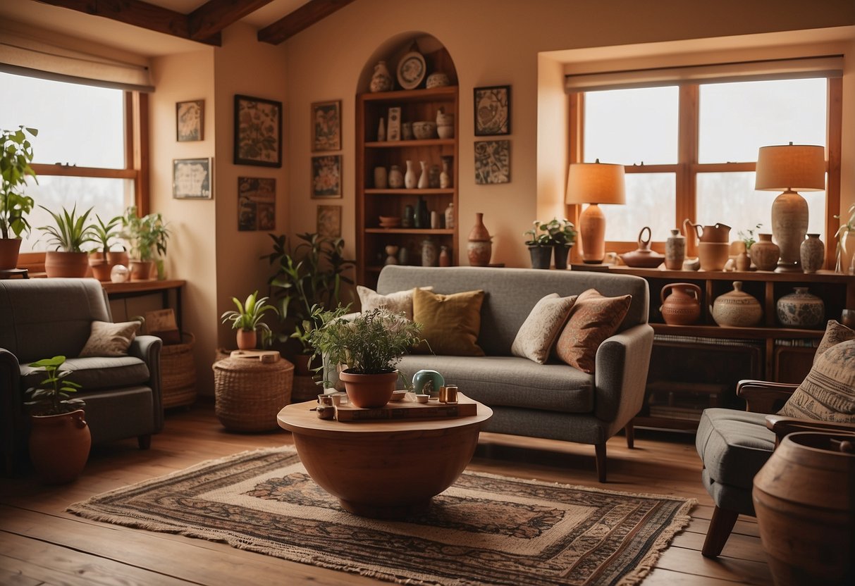 A cozy living room with handmade pottery, local artwork, and a woven rug. The walls are adorned with vintage travel posters and shelves display unique souvenirs