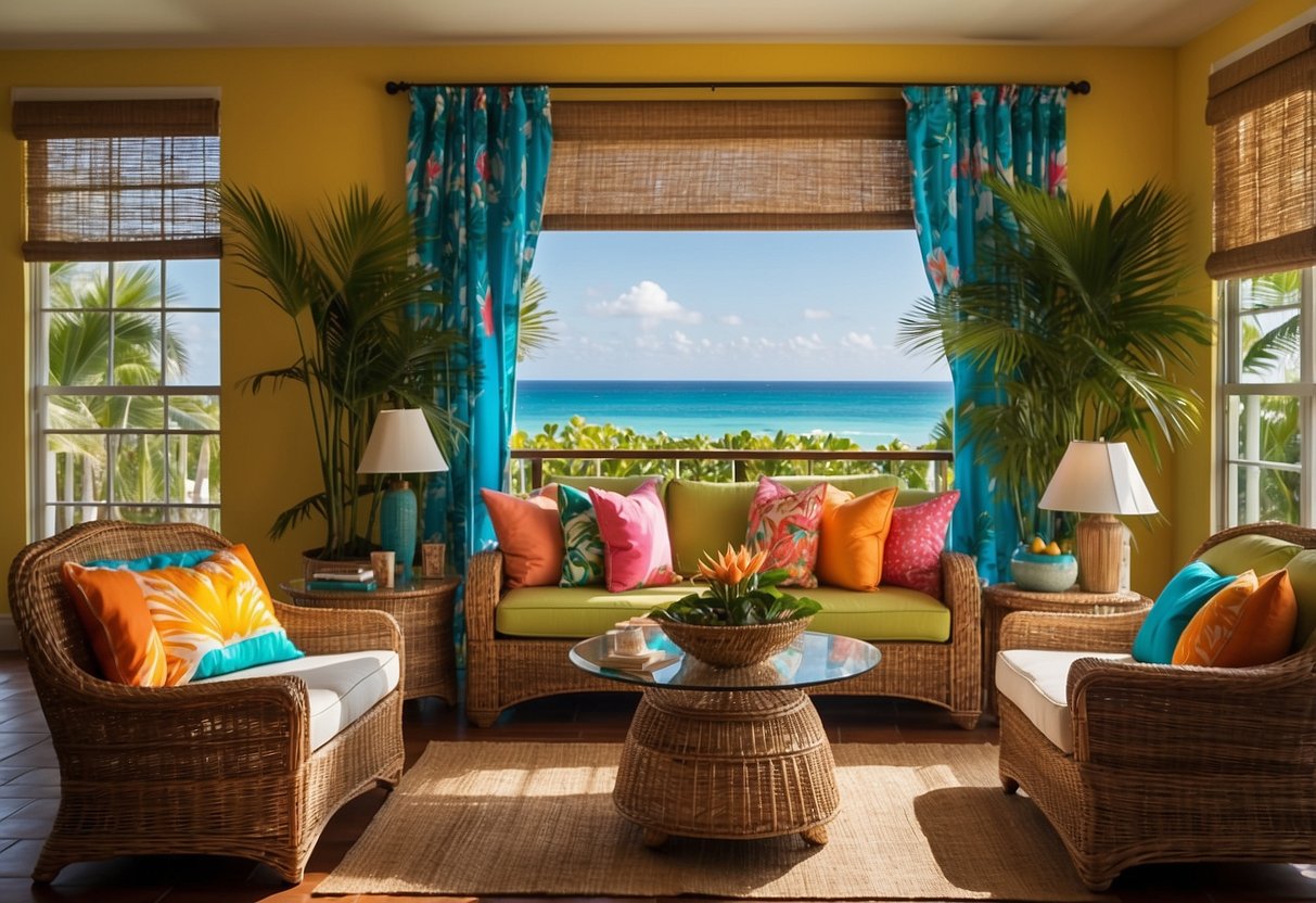 A vibrant Caribbean living room with colorful, tropical prints on throw pillows and curtains. Wicker furniture and bamboo accents complete the island-inspired decor