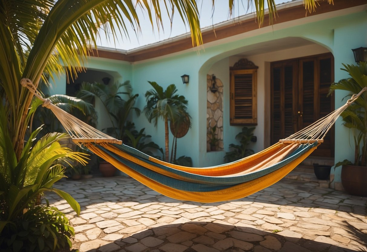 Colorful hammocks hang between palm trees, with vibrant Caribbean home decor accents scattered around the outdoor space