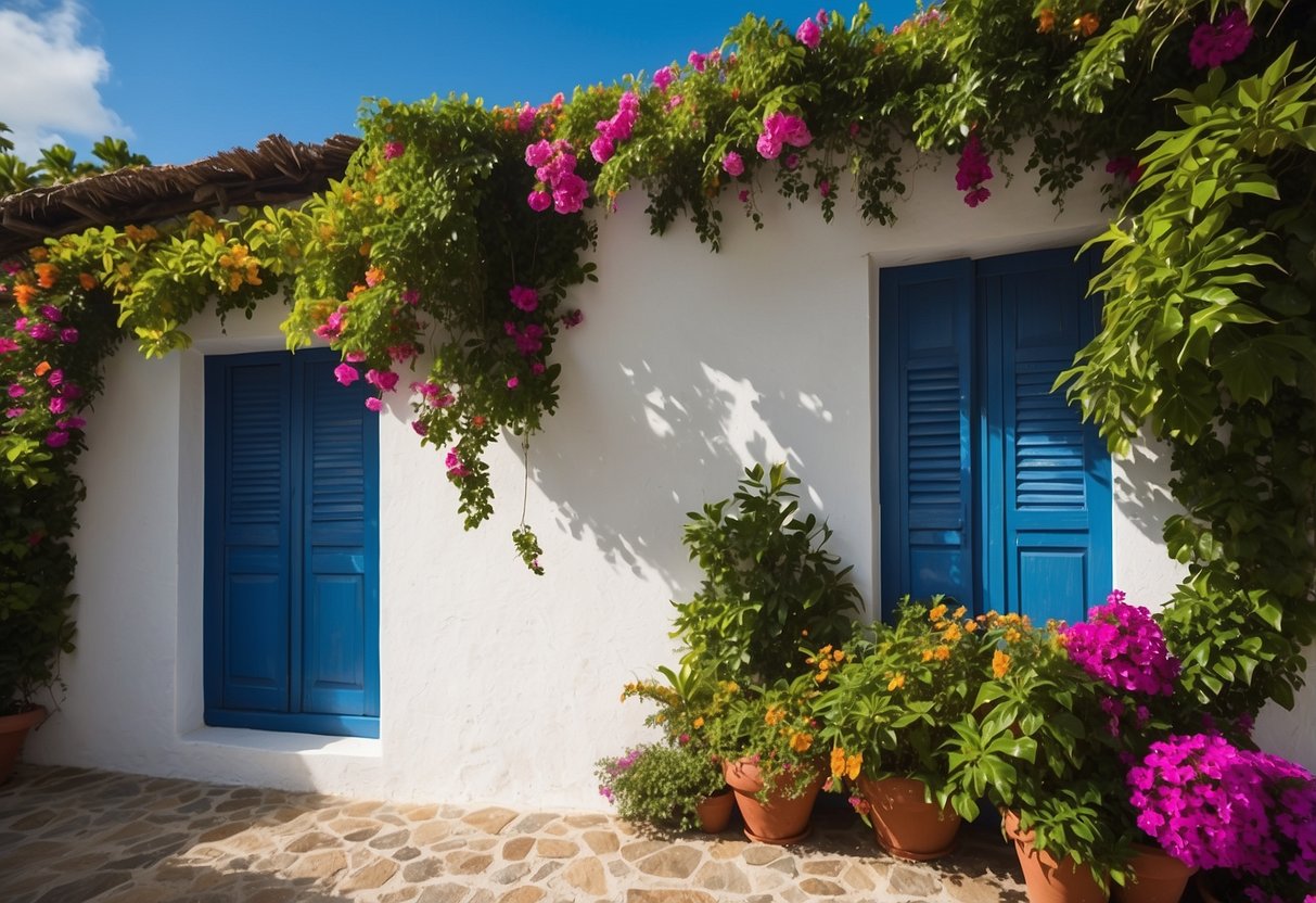 Vibrant tropical plants and flowers cascade down a whitewashed wall, framed by azure blue shutters and a thatched roof