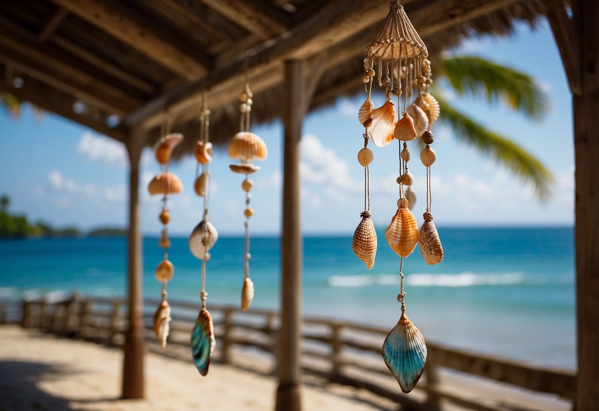 Colorful seashell wind chimes hang from a rustic wooden beam, swaying gently in the Caribbean breeze, adding a touch of coastal charm to the outdoor space