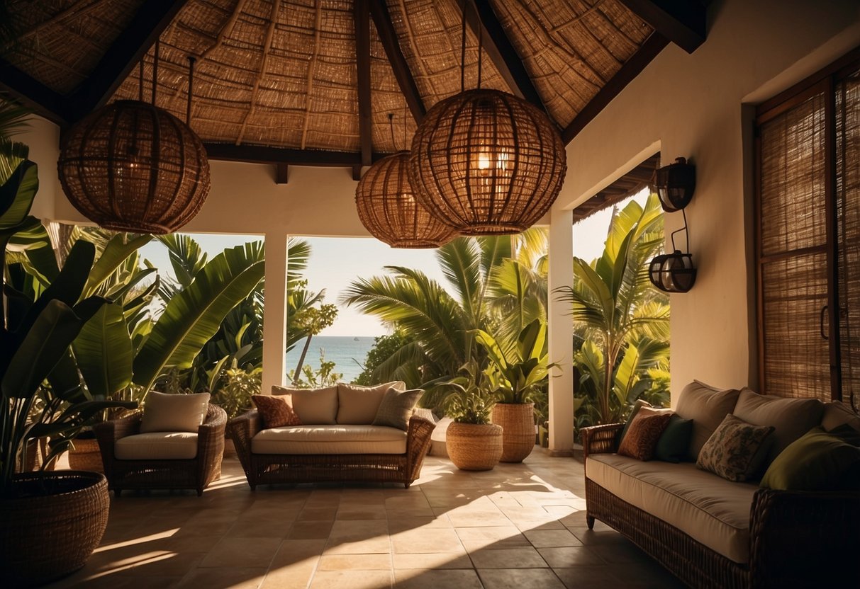 A cozy Caribbean home with rattan light fixtures hanging from the ceiling, casting warm and inviting shadows throughout the room