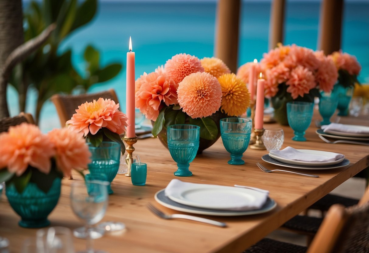 A table adorned with vibrant coral centerpieces, surrounded by tropical decor, evoking a Caribbean ambiance