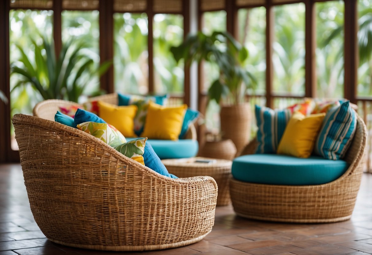 A Caribbean interior with woven rattan furniture, colorful textiles, and natural materials like bamboo and jute. Bright, airy space with tropical plants and a mix of textures - smooth wood, rough stone, and soft fabrics