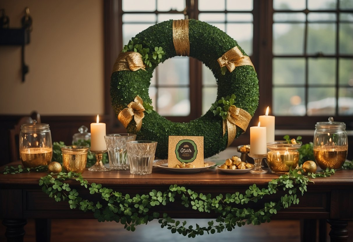 A table adorned with green shamrock centerpieces, a festive banner, and a pot of gold coins. A wreath made of clovers hangs on the door