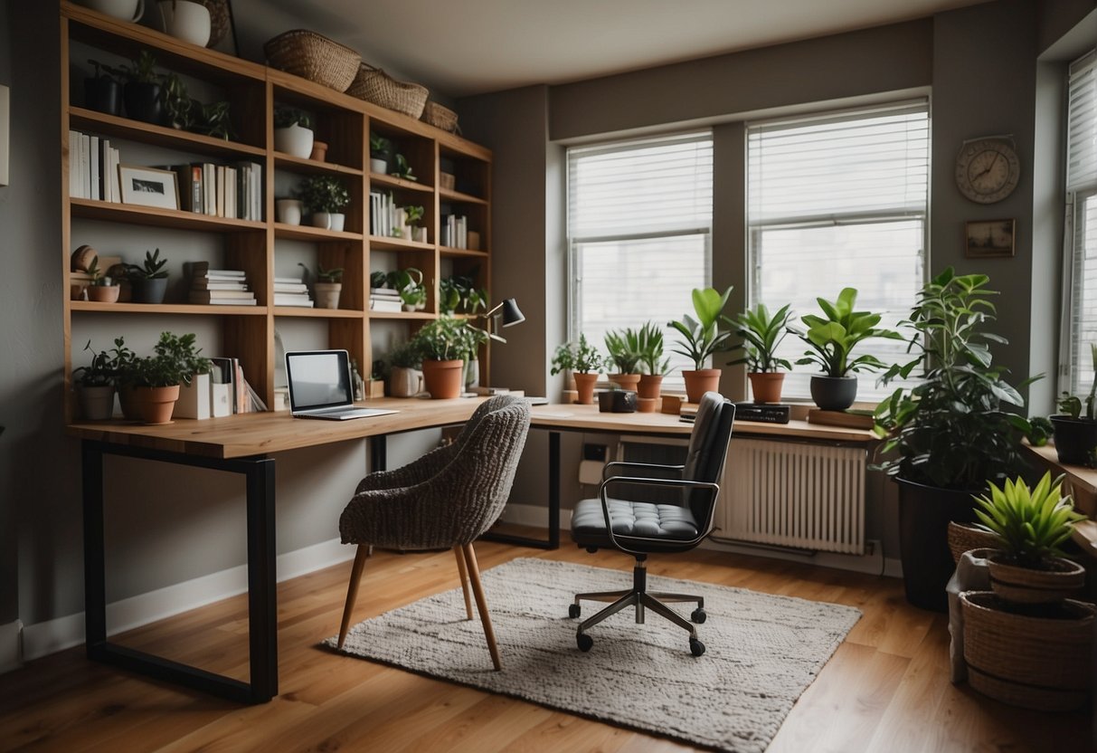 A cozy home office with a sleek desk, ergonomic chair, potted plants, and natural lighting from a window. A bookshelf, motivational wall art, and a laptop complete the decor