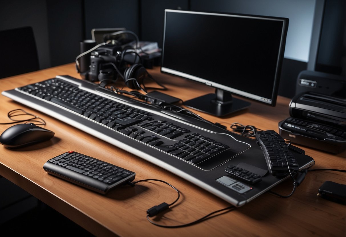 A desk with neatly organized cables, cable clips, and a cable sleeve. A laptop, monitor, and keyboard are placed on the desk, with the cables running through the cable management kit