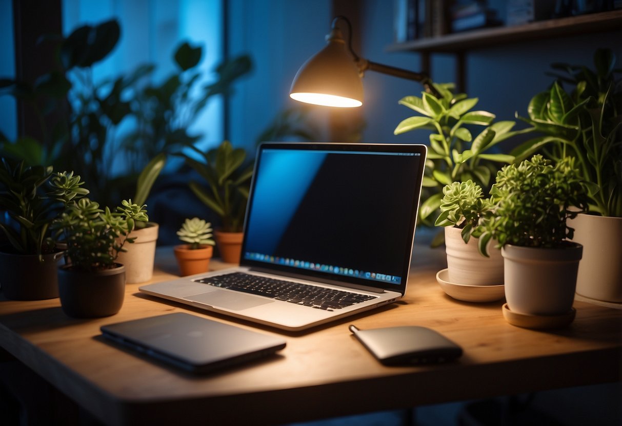 A cozy home office with a laptop, desk lamp, potted plants, and blue light blocking glasses on the desk