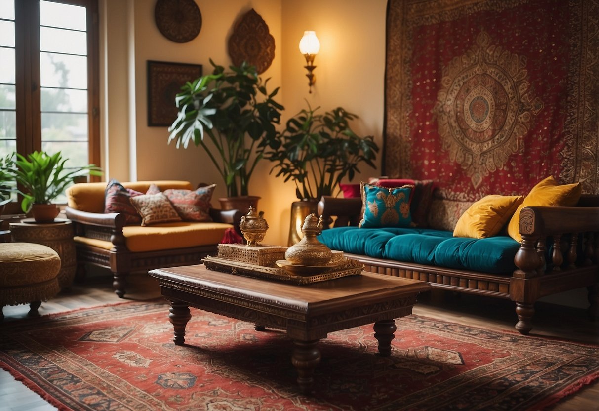 An Indian living room with colorful tapestries, ornate wooden furniture, and intricate brass accents. A low coffee table with floor cushions and a vibrant rug complete the cozy, traditional decor