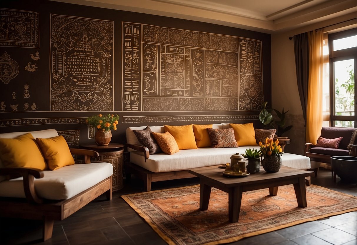 A cozy Indian living room adorned with vibrant Warli art decor, featuring traditional motifs and geometric patterns