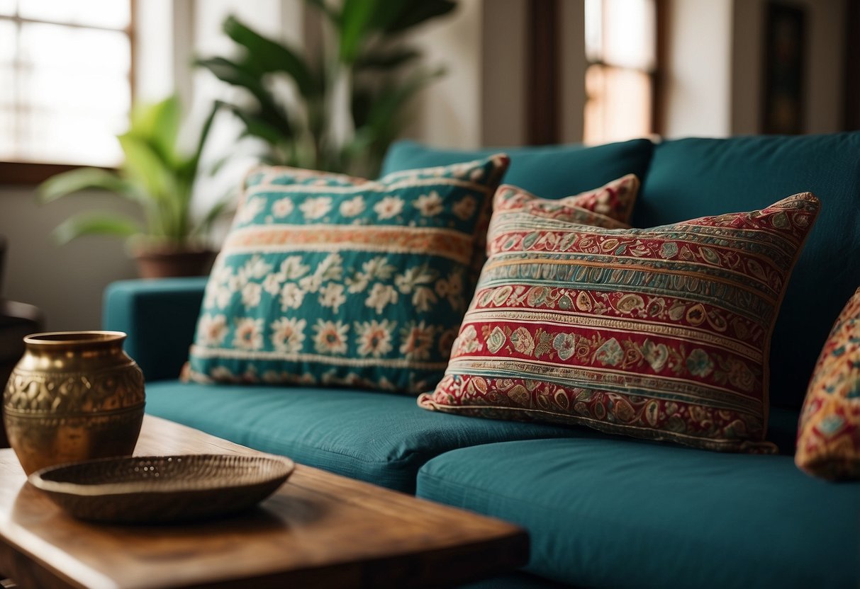 Vibrant block print cushions adorn a cozy Indian living room, adding a pop of color to the traditional home decor