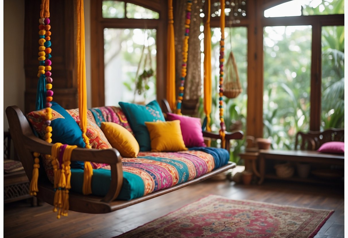 A wooden swing hangs in an Indian living room, adorned with colorful cushions and draped with fabric, creating a cozy and inviting home decor idea