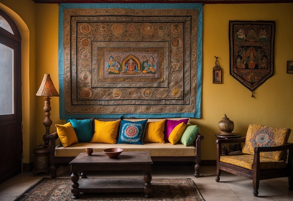 An Indian living room adorned with colorful Pattachitra paintings, adding vibrancy and cultural charm to the home decor