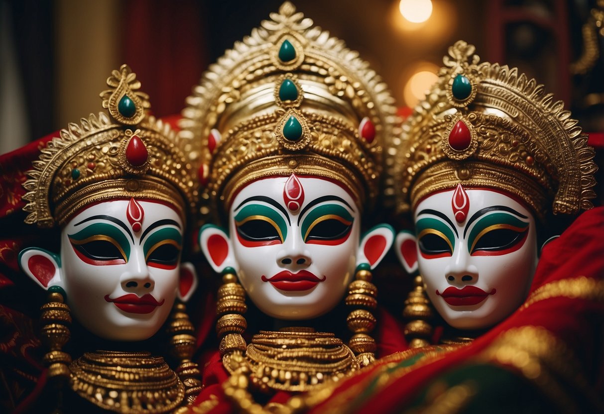 Vibrant Kathakali masks adorn an Indian living room, adding cultural charm to the home decor