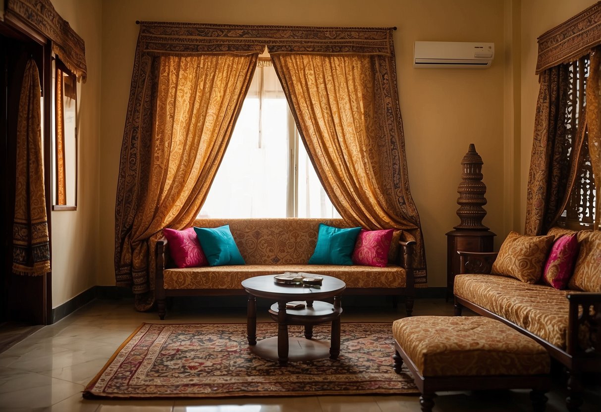 An Indian living room with Kalamkari drapes, traditional decor, and vibrant colors