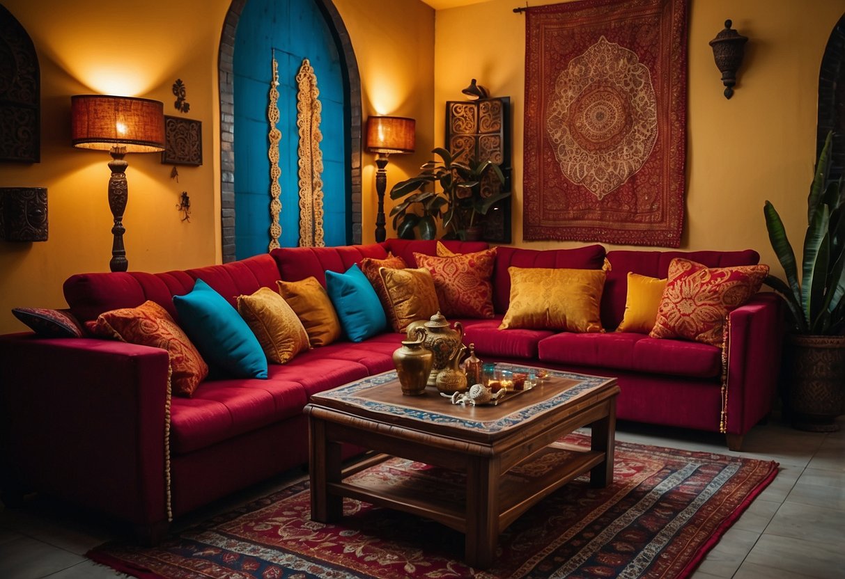 An Indian living room with vibrant color schemes and intricate patterns on textiles, furniture, and decor. Rich reds, deep blues, and golden yellows create a warm and inviting atmosphere