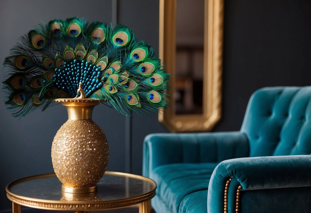 A peacock feather wall art hangs above a turquoise velvet sofa. A decorative peacock figurine sits on a gold accent table. Rich jewel tones and metallic accents fill the room