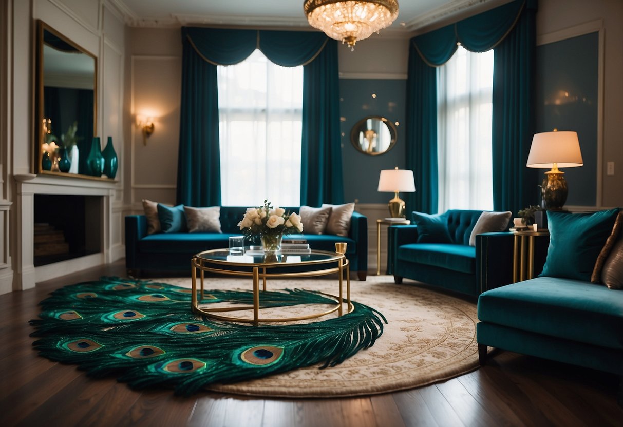 A luxurious living room with jewel-toned rugs featuring vibrant peacock feather patterns, adding a touch of opulence and elegance to the space