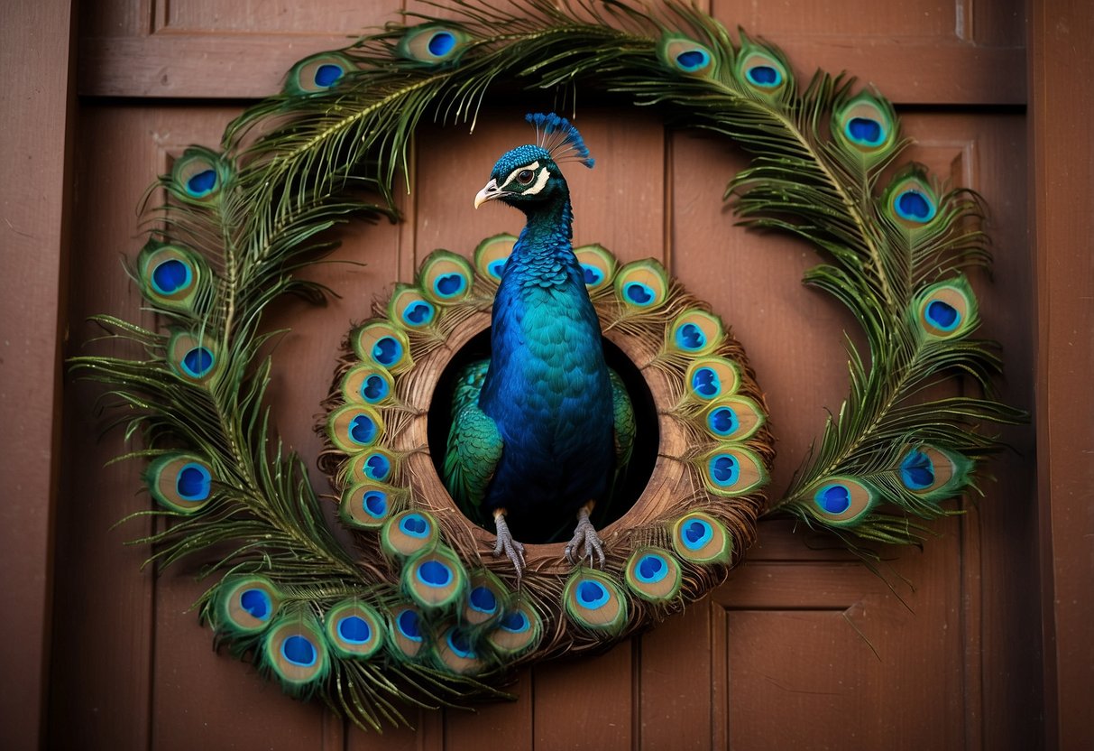 A vibrant peacock feather wreath adorns a rustic wooden door, creating a stunning focal point for peacock-themed home decor