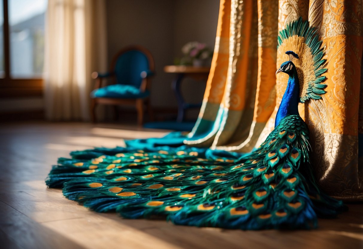 Vibrant peacock embroidered curtains hang in a sunlit room, casting colorful patterns across the floor