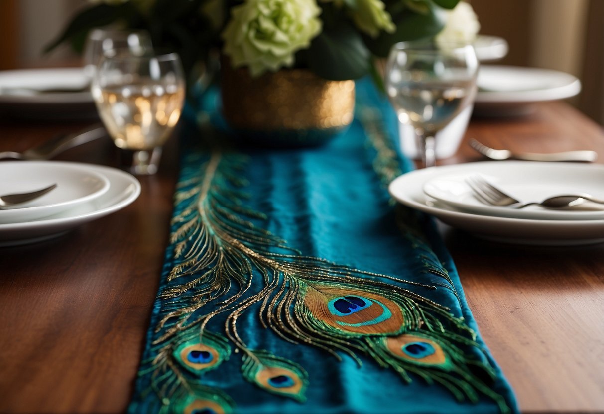 A vibrant peacock-inspired table runner adorns a wooden dining table, surrounded by matching place settings and elegant peacock feathers as decorative accents