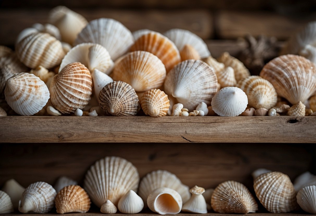 A collection of seashells arranged on a rustic wooden shelf, surrounded by soft, neutral-colored textiles and natural elements like driftwood and sand