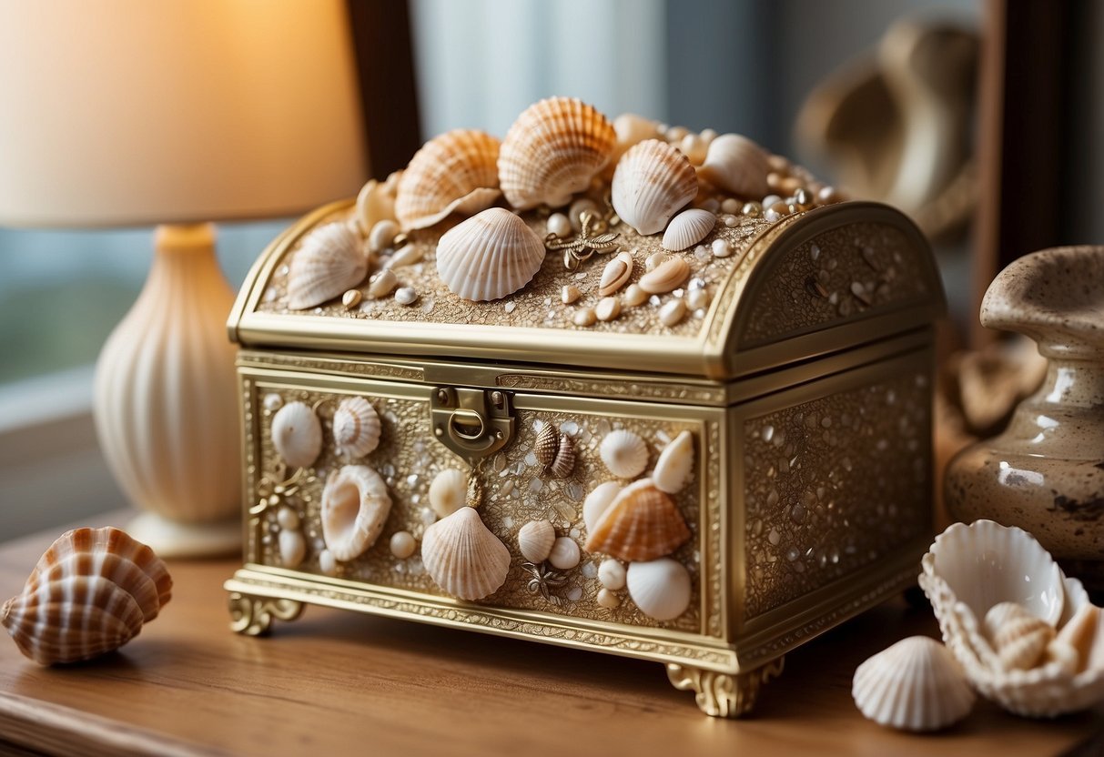 A seashell jewelry box sits on a beach-themed dresser, surrounded by other seashell home decor items. The room is filled with natural light, casting a warm glow on the delicate shells