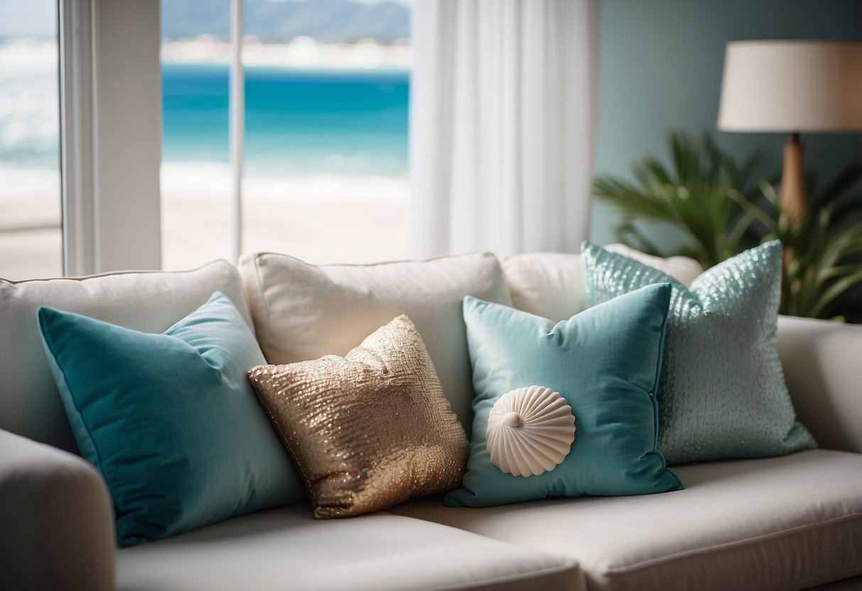 A cozy living room with seashell accent pillows on a plush sofa, surrounded by nautical decor and soft ocean hues