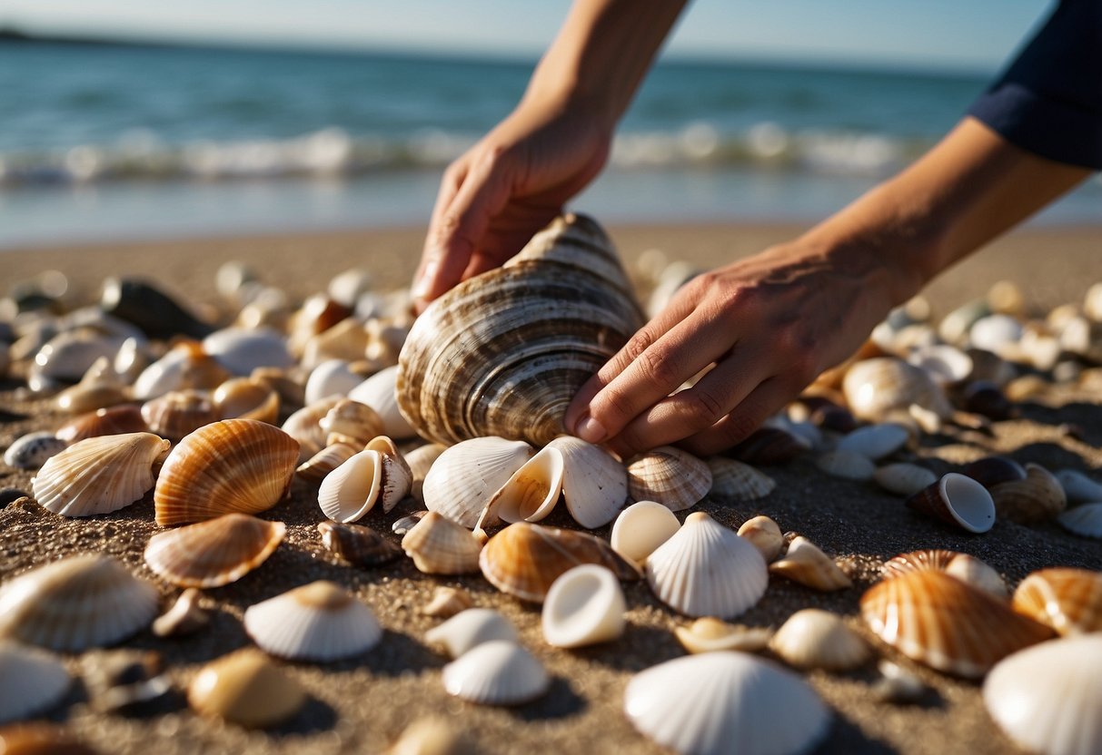 A beachcomber selects seashells from the shore, arranging them into a decorative display for a coastal-themed home