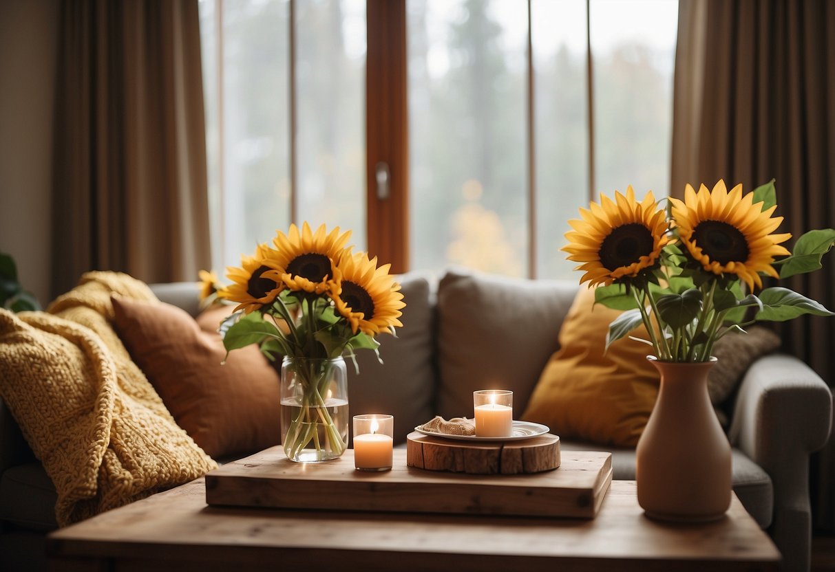 A cozy living room with warm earthy tones, throw pillows, and a rustic autumn centerpiece on the coffee table. A soft blanket drapes over the couch, and a vase of sunflowers sits on the windowsill