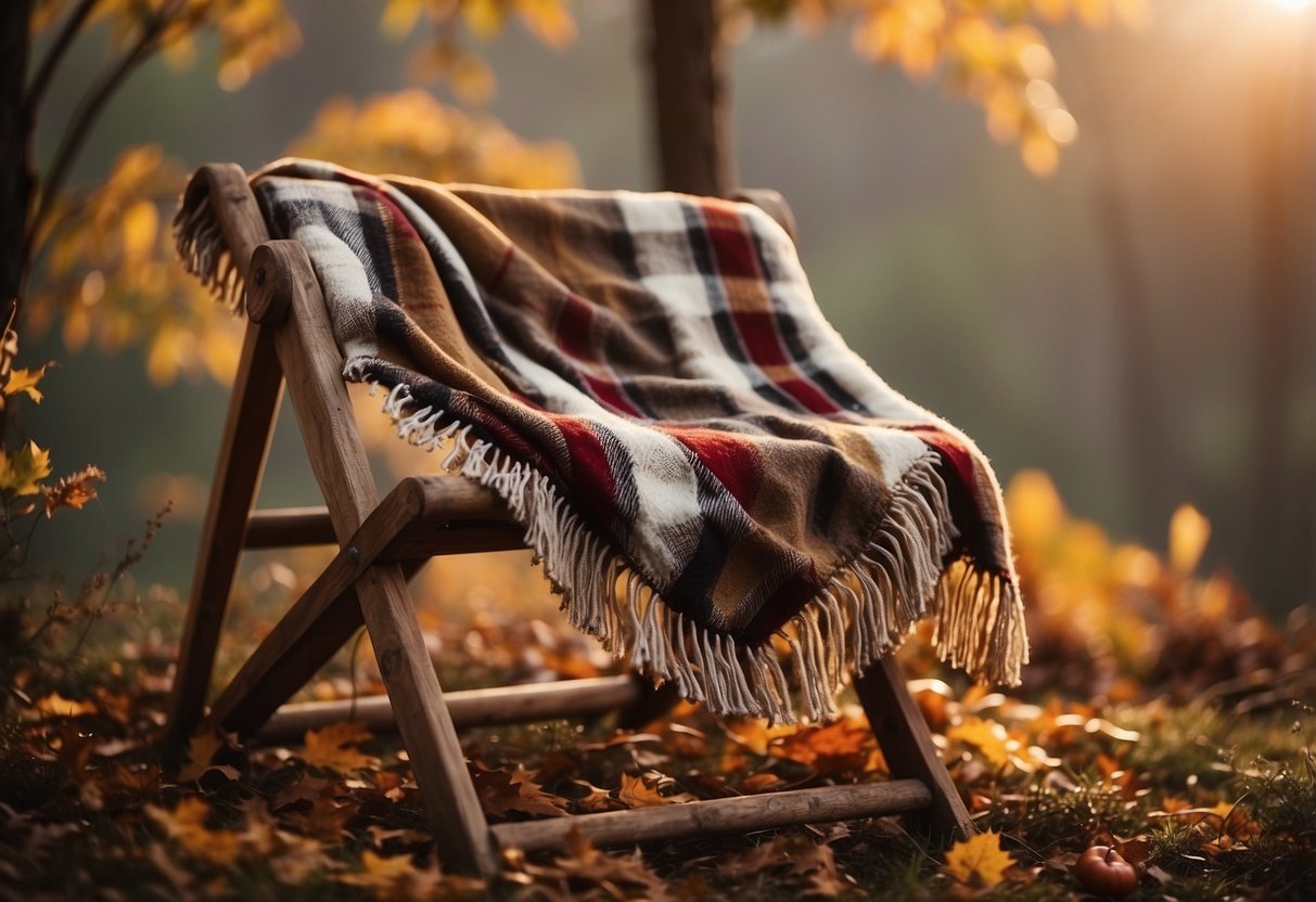 Cozy plaid throw blankets draped over a rustic wooden ladder, surrounded by autumn foliage and warm lighting