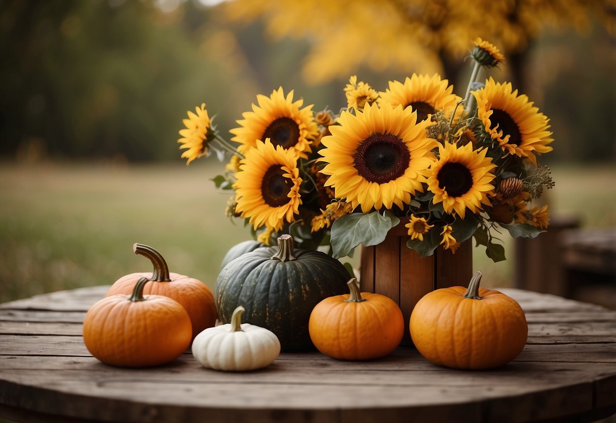 A rustic wooden table adorned with autumnal centerpieces of pumpkins, gourds, and sunflowers, creating a warm and inviting atmosphere for a September home decor