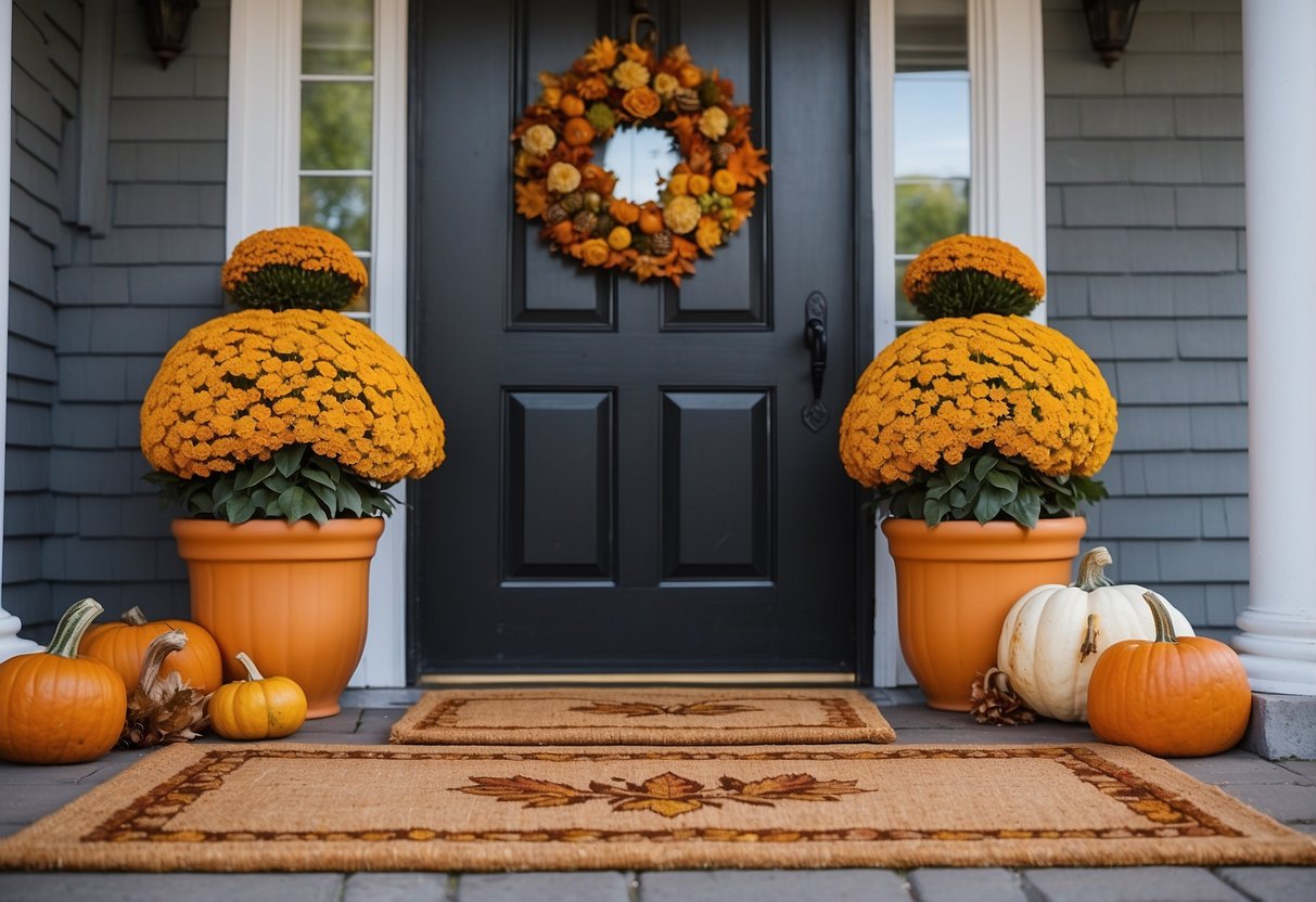 A front door with two seasonal doormats: one featuring fall leaves and the other with a pumpkin design. Surrounding the mats are potted mums and a decorative scarecrow