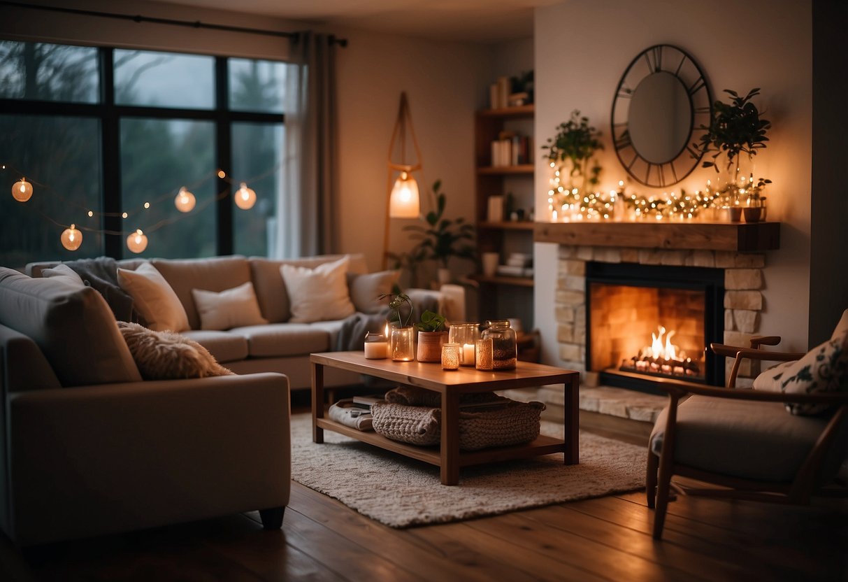 A cozy living room with warm lighting from copper string lights, creating a cozy and inviting atmosphere for a September home decor idea