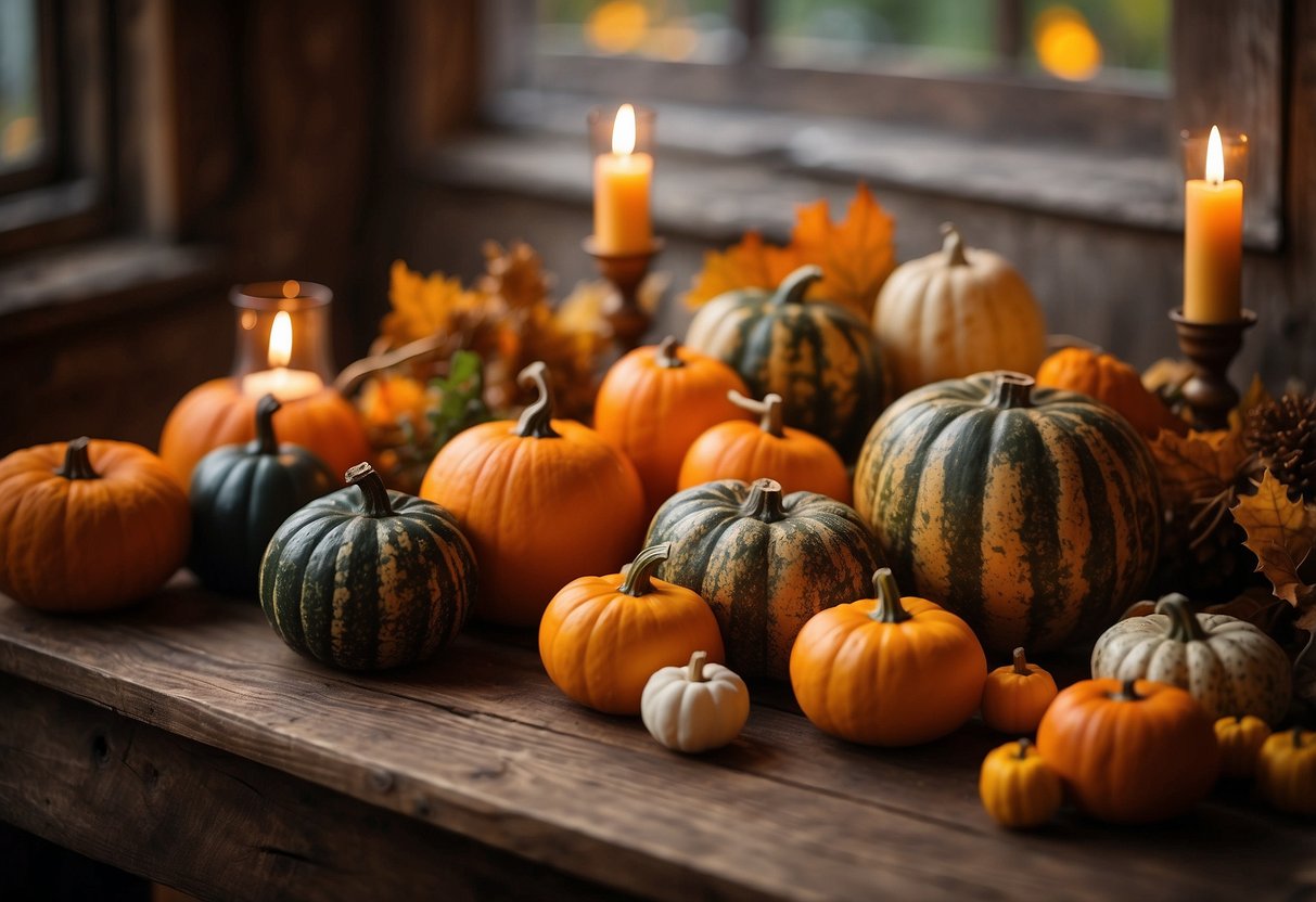 A rustic wooden table adorned with various gourds and mini pumpkins, surrounded by autumn foliage and warm candlelight