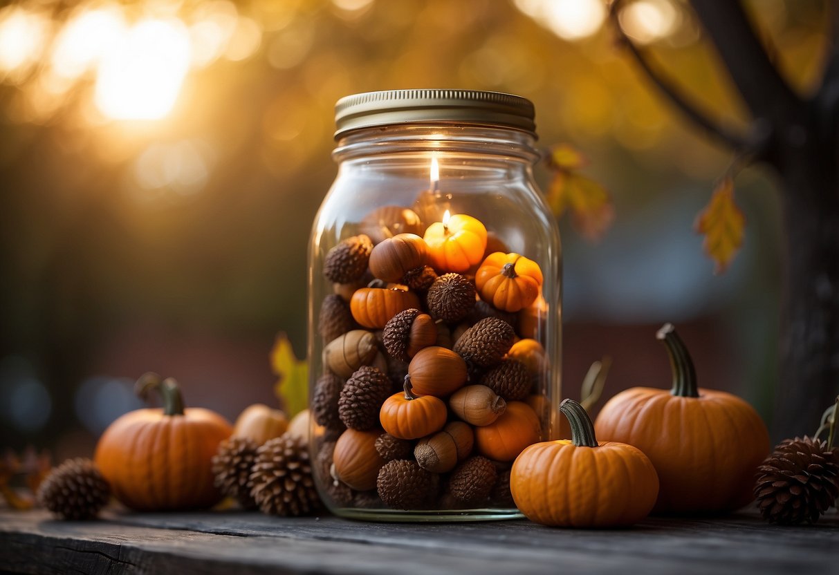 A mason jar filled with acorns, illuminated by a soft glow. Surrounding the jar are autumn leaves and small decorative pumpkins, creating a cozy and inviting atmosphere for the home