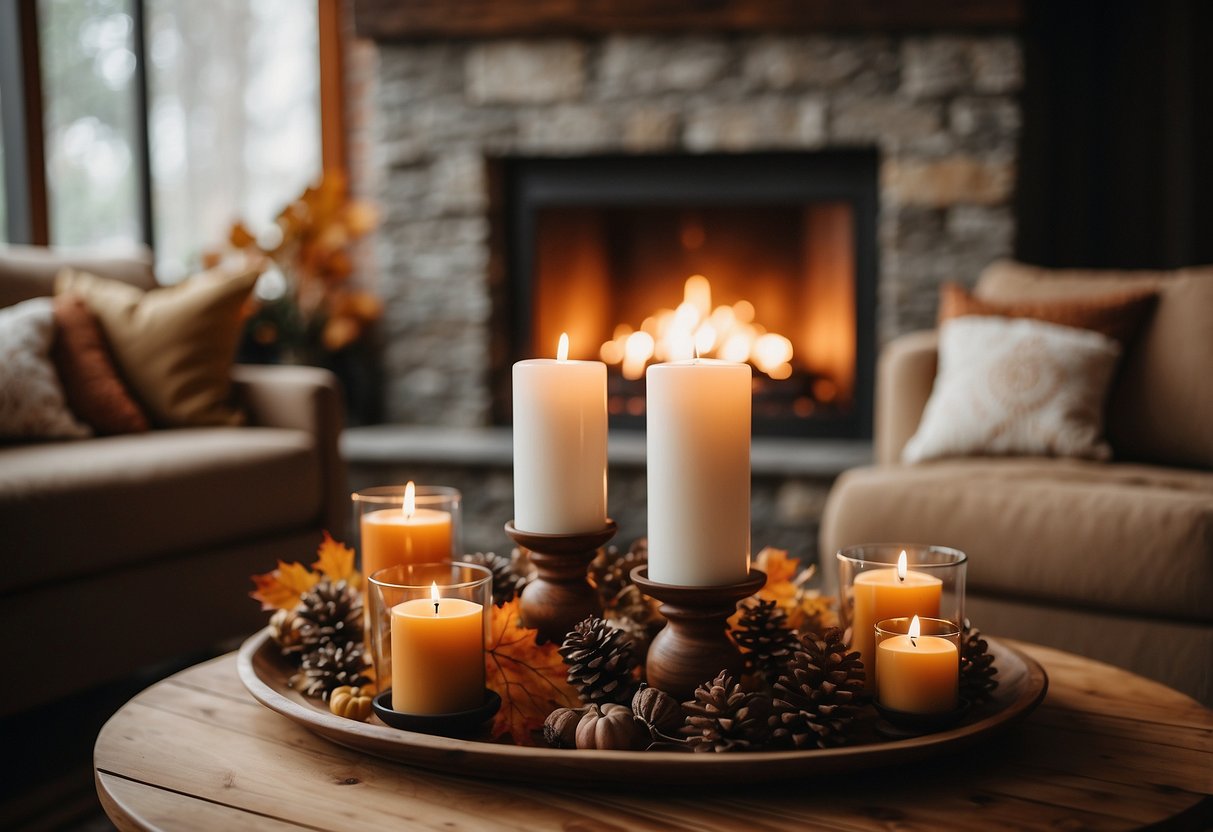 A cozy living room with warm-toned throw pillows, a rustic wooden coffee table, and a fireplace adorned with autumn foliage and candles