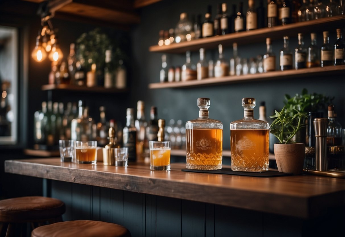 A cozy home bar with shelves of glassware, a stylish cocktail shaker, and a collection of vintage liquor bottles. A small chalkboard menu and a few bar stools complete the inviting space