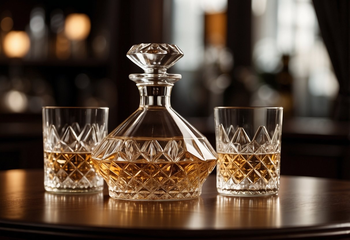 A sleek decanter set sits on a polished wooden bar, surrounded by crystal glasses and a bottle of premium liquor. Subtle lighting highlights the elegant display