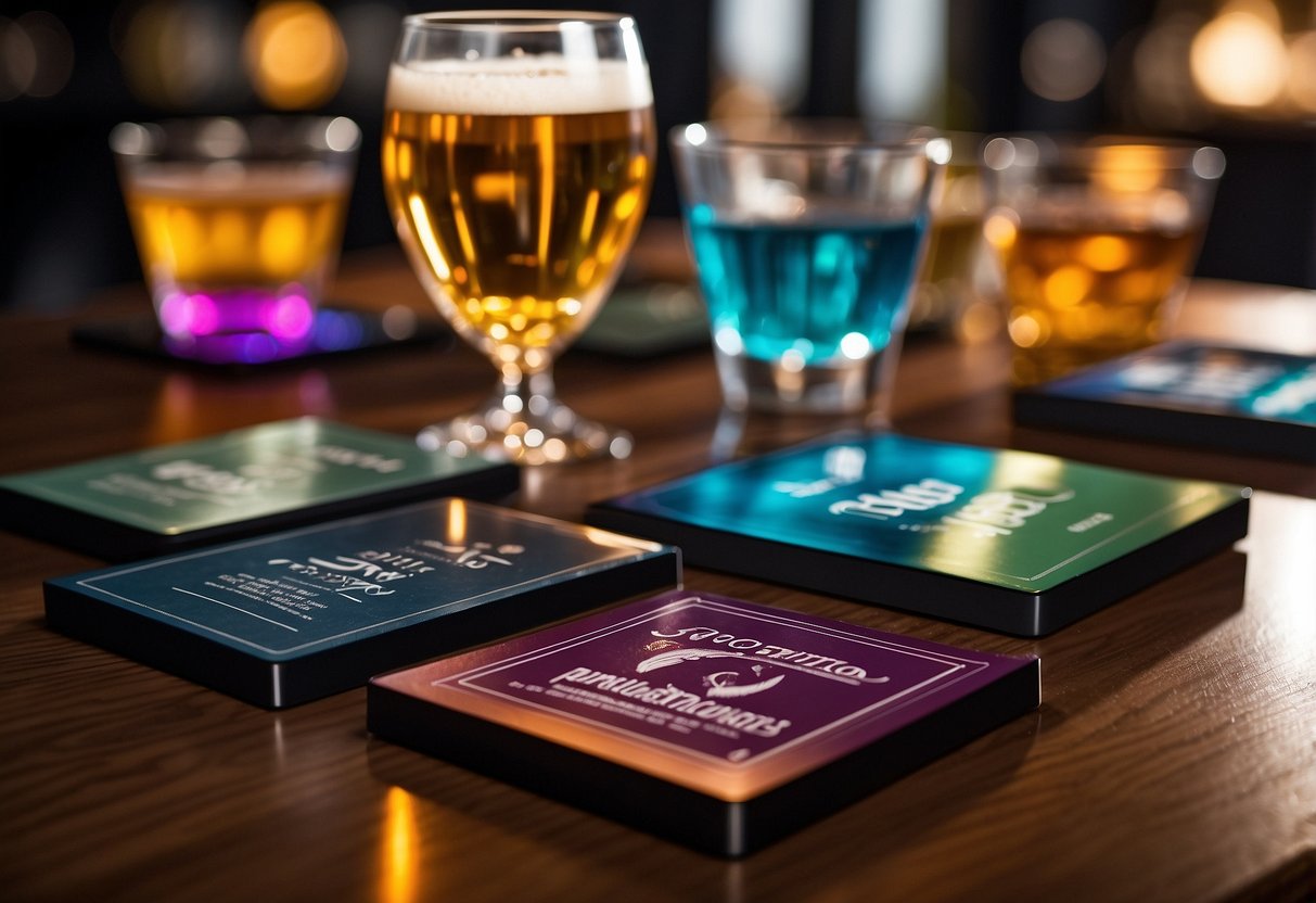 A set of personalized coasters arranged neatly on a sleek home bar counter, with a variety of drinks and glassware in the background