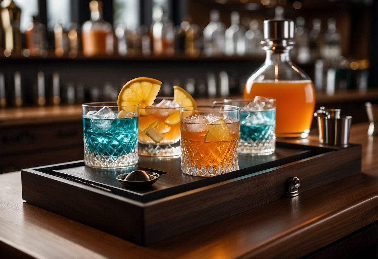 A sleek mixology kit sits on a wooden bar counter, surrounded by cocktail glasses, shakers, and a variety of spirits. The scene exudes a sophisticated and compact home bar setup