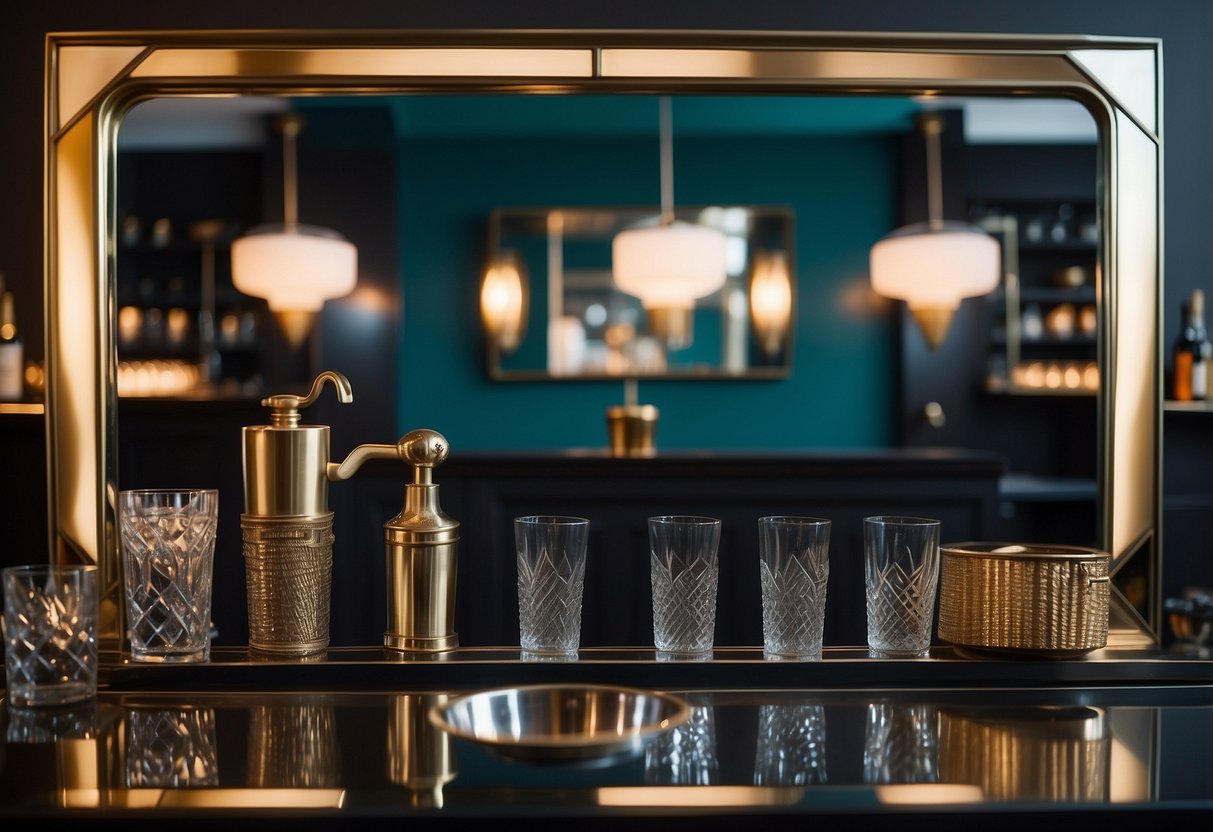 A sleek Art Deco bar mirror reflects a stylish home bar setup, with geometric patterns, metallic accents, and a sophisticated color palette