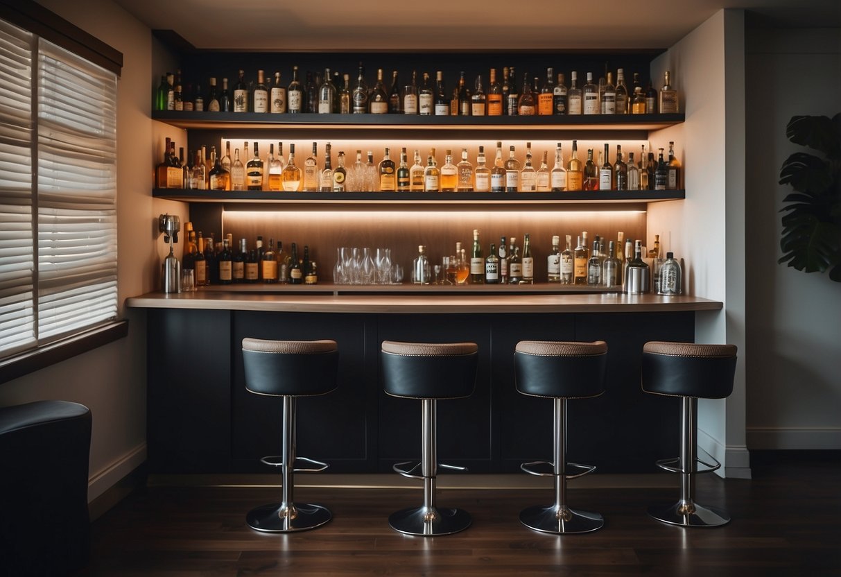 A cozy corner of a living room with a small home bar set up, featuring a sleek countertop, stylish bar stools, and shelves stocked with various liquor bottles and cocktail glasses