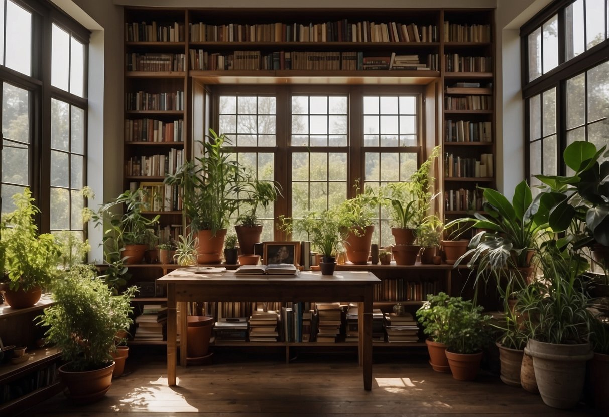 A tall bookshelf filled with plants, art, and books, standing against a wall with large windows and natural light streaming in