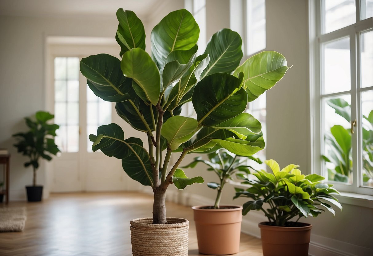 A tall potted fiddle leaf fig tree stands in a bright, airy room, adding a touch of elegance and natural beauty to the home decor