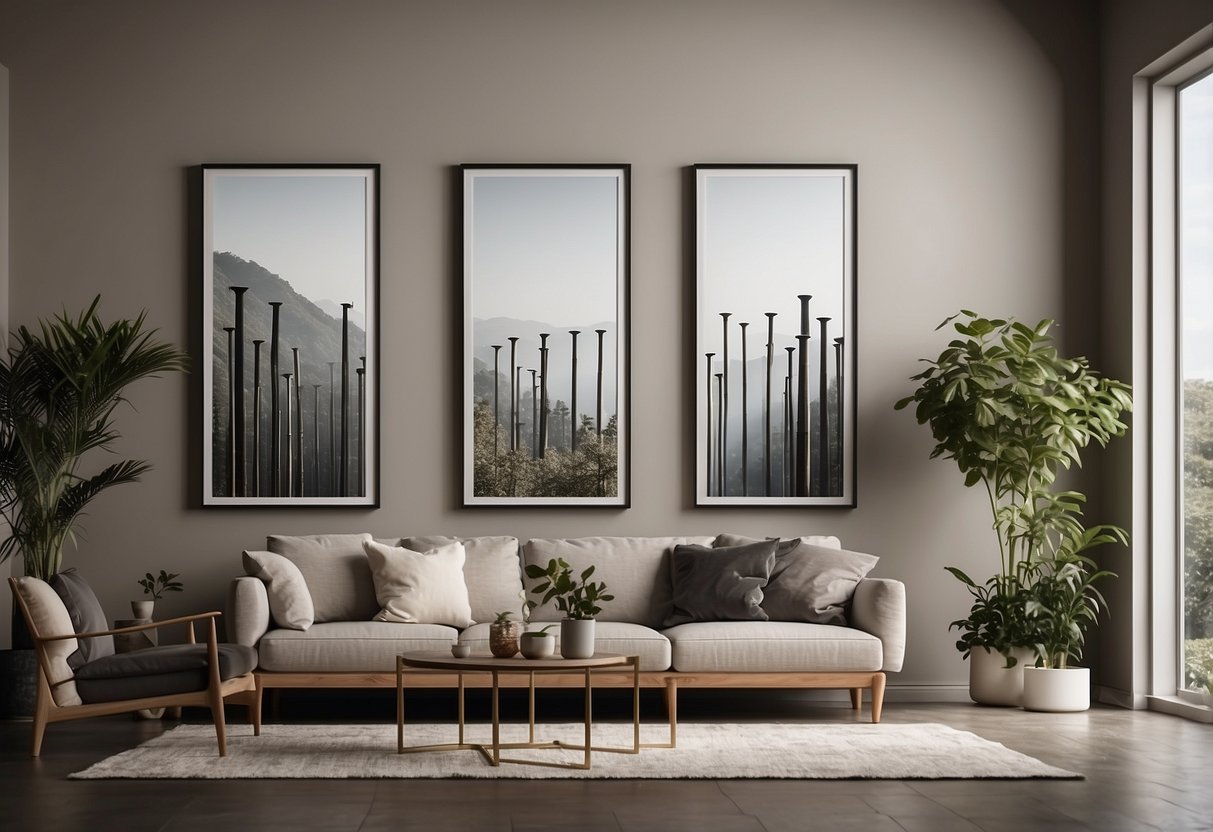 Three tall vertical wall art panels hang evenly spaced on a neutral-colored wall, creating a modern and sleek home decor idea