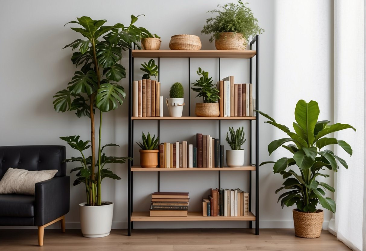 A tall etagere bookcase stands against a white wall, filled with books, plants, and decorative items, adding a touch of elegance to the room