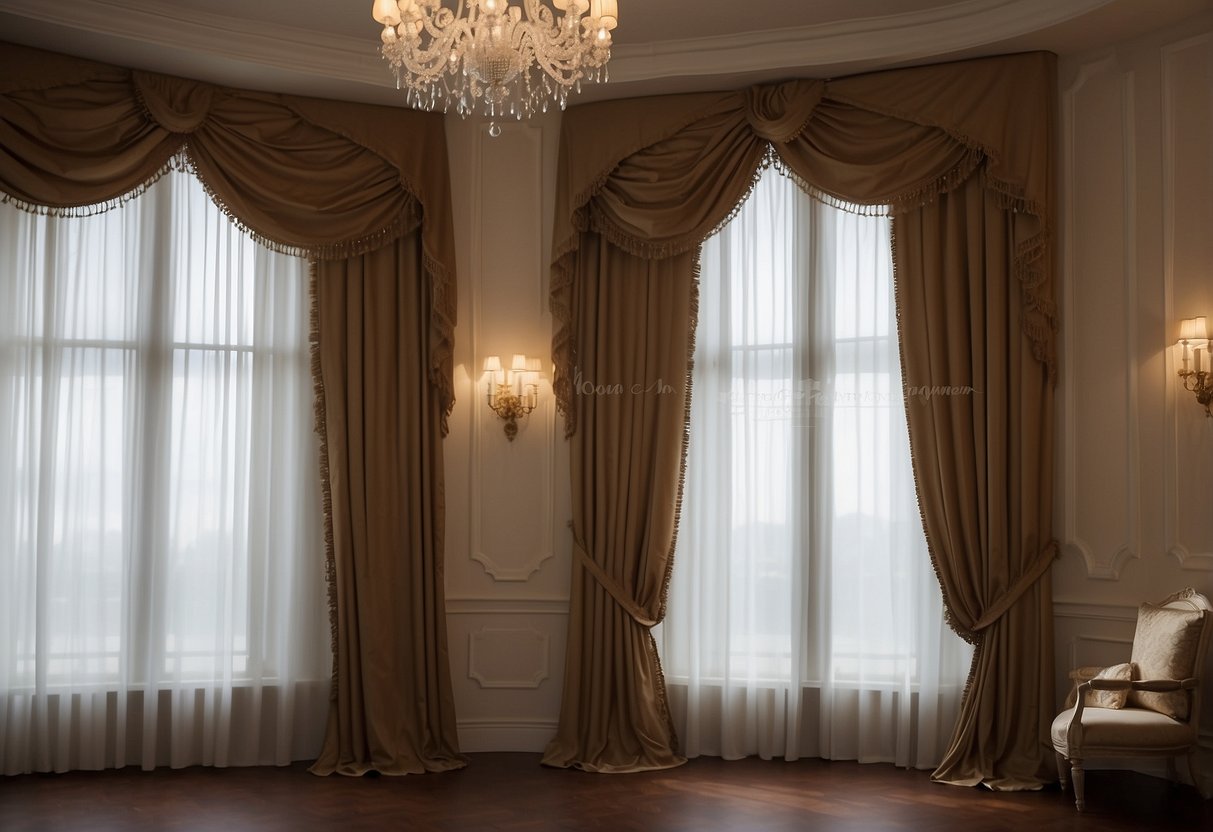 A tall window adorned with luxurious draperies and elegant valances, creating a grand and opulent atmosphere within the room